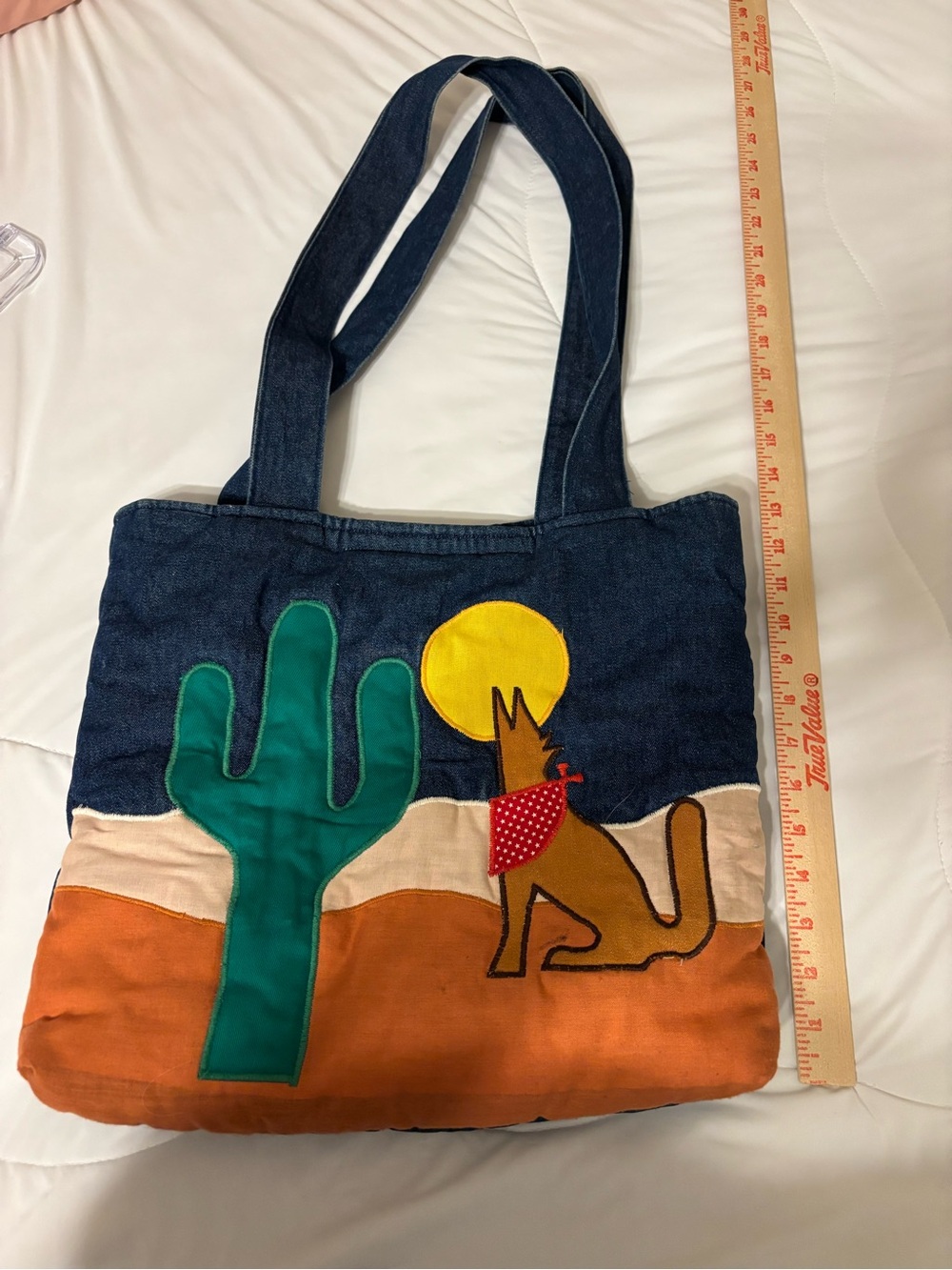Southwestern Denim Tote Bag Coyote Cactus Applique Boho Western Shoulder Bag